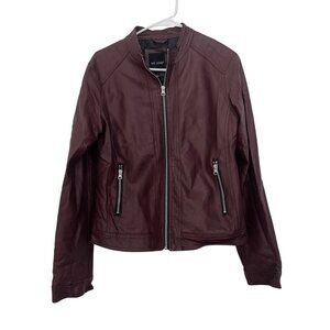 Me Jane Womens Burgundy Faux Leather Moto Jacket Size L Zip Pockets